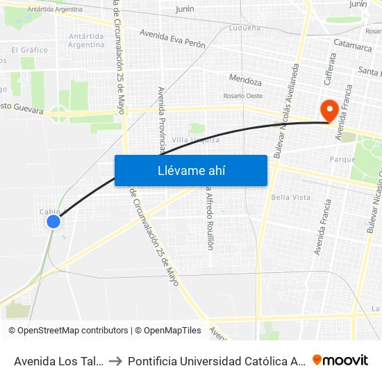 Avenida Los Talas Y El Sauce to Pontificia Universidad Católica Argentina Campus Rosario map