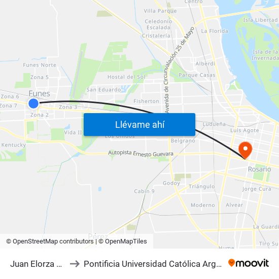 Juan Elorza Y San Jose to Pontificia Universidad Católica Argentina Campus Rosario map