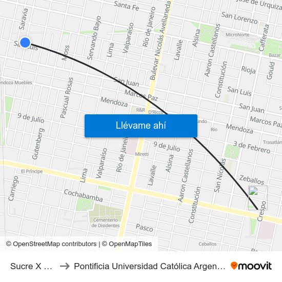 Sucre X San Luis to Pontificia Universidad Católica Argentina Campus Rosario map