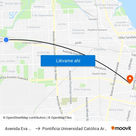 Avenida Eva Perón, 8917 to Pontificia Universidad Católica Argentina Campus Rosario map