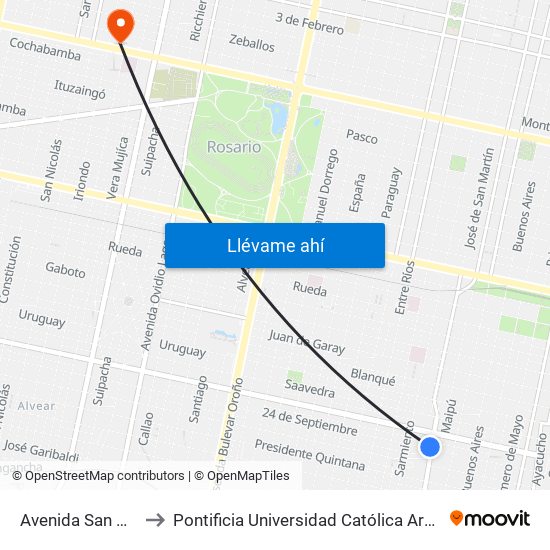 Avenida San Martín, 3706 to Pontificia Universidad Católica Argentina Campus Rosario map
