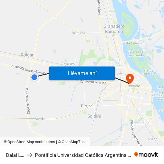 Dalai Lama to Pontificia Universidad Católica Argentina Campus Rosario map