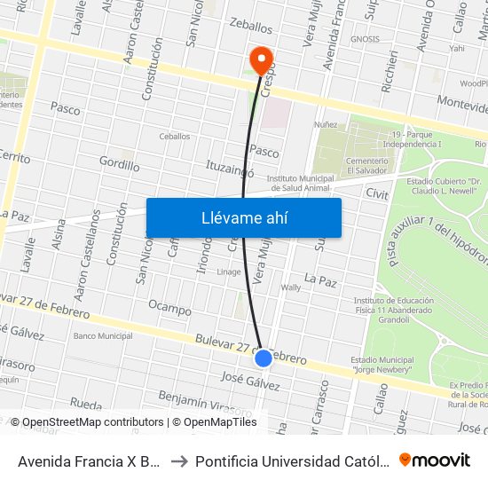 Avenida Francia X Boulevard 27 De Febrero to Pontificia Universidad Católica Argentina Campus Rosario map