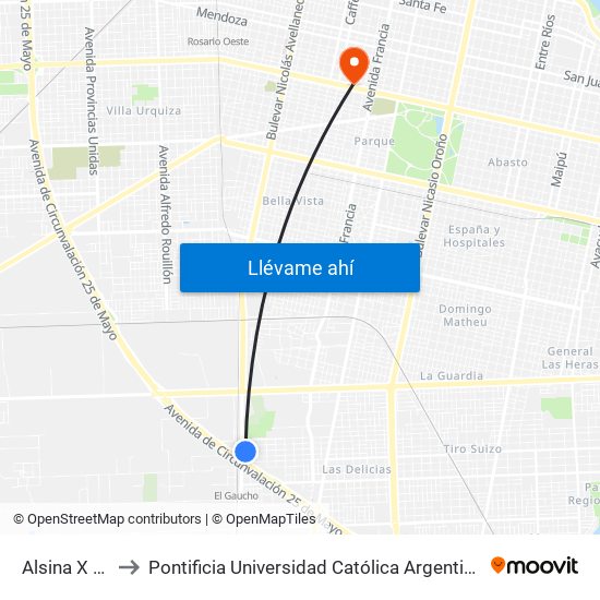 Alsina X Aurora to Pontificia Universidad Católica Argentina Campus Rosario map