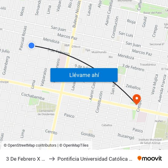 3 De Febrero X Servando Bayo to Pontificia Universidad Católica Argentina Campus Rosario map