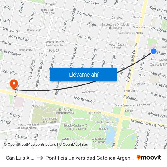 San Luis X Moreno to Pontificia Universidad Católica Argentina Campus Rosario map