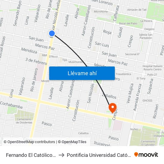 Fernando El Católico X Boulevard Avellaneda to Pontificia Universidad Católica Argentina Campus Rosario map