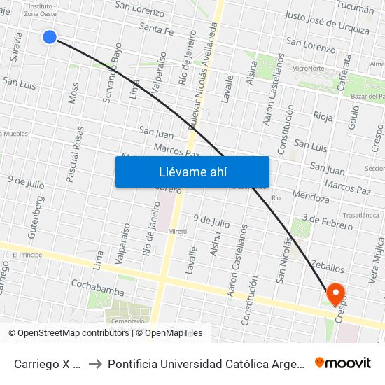 Carriego X Cordoba to Pontificia Universidad Católica Argentina Campus Rosario map