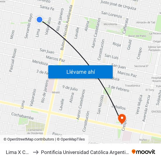 Lima X Cordoba to Pontificia Universidad Católica Argentina Campus Rosario map
