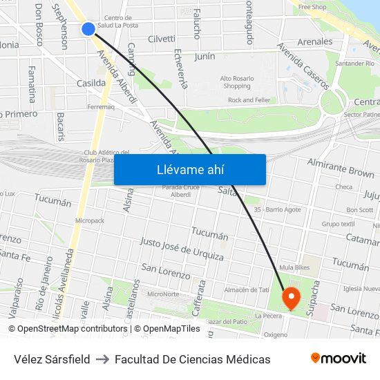 Vélez Sársfield to Facultad De Ciencias Médicas map