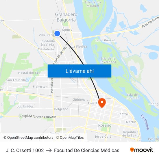 J. C. Orsetti 1002 to Facultad De Ciencias Médicas map