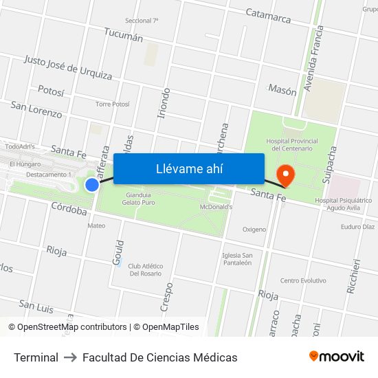 Terminal to Facultad De Ciencias Médicas map