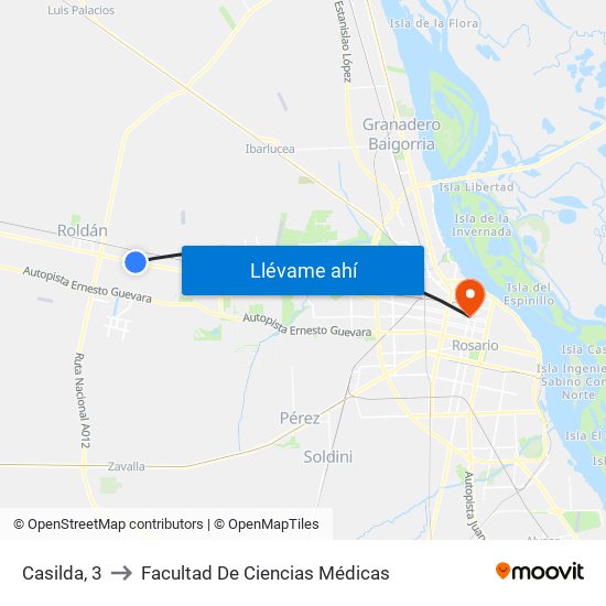 Casilda, 3 to Facultad De Ciencias Médicas map