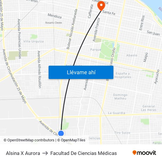 Alsina X Aurora to Facultad De Ciencias Médicas map