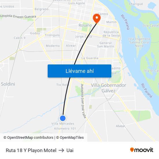 Ruta 18 Y Playon Motel to Uai map