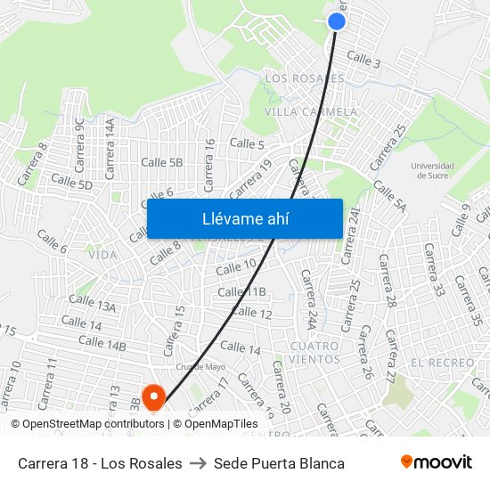 Carrera 18 - Los Rosales to Sede Puerta Blanca map