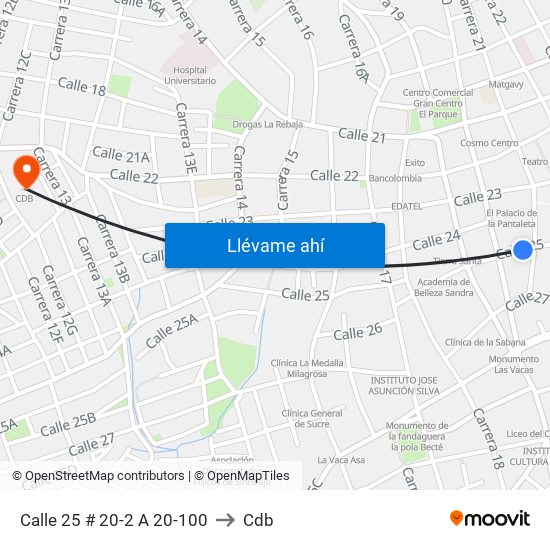 Calle 25 # 20-2 A 20-100 to Cdb map