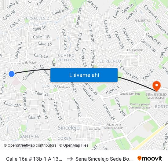 Calle 16a # 13b-1 A 13b-99 to Sena Sincelejo Sede Boston map