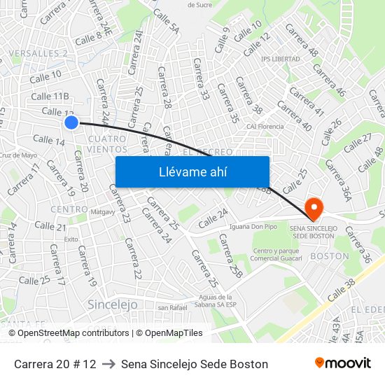 Carrera 20 # 12 to Sena Sincelejo Sede Boston map