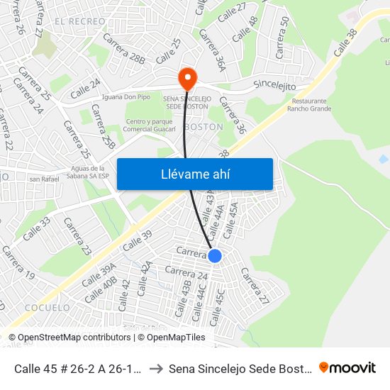 Calle 45 # 26-2 A 26-100 to Sena Sincelejo Sede Boston map