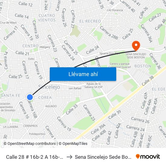 Calle 28 # 16b-2 A 16b-100 to Sena Sincelejo Sede Boston map