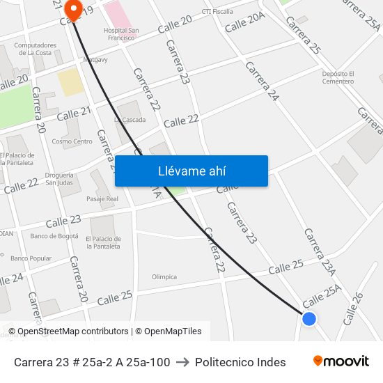 Carrera 23 # 25a-2 A 25a-100 to Politecnico Indes map