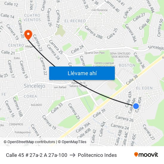 Calle 45 # 27a-2 A 27a-100 to Politecnico Indes map