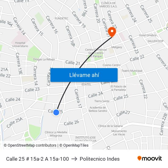 Calle 25 # 15a-2 A 15a-100 to Politecnico Indes map