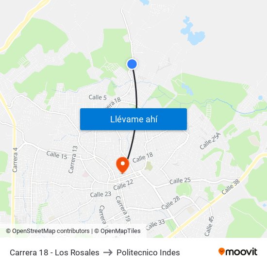 Carrera 18 - Los Rosales to Politecnico Indes map