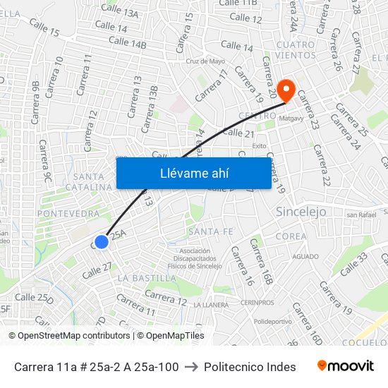 Carrera 11a # 25a-2 A 25a-100 to Politecnico Indes map