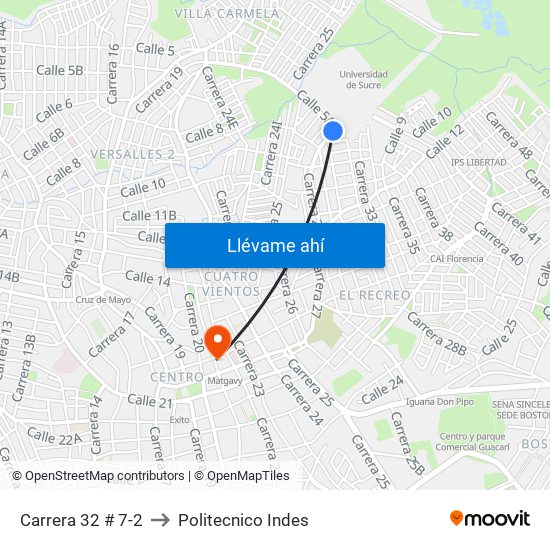 Carrera 32 # 7-2 to Politecnico Indes map