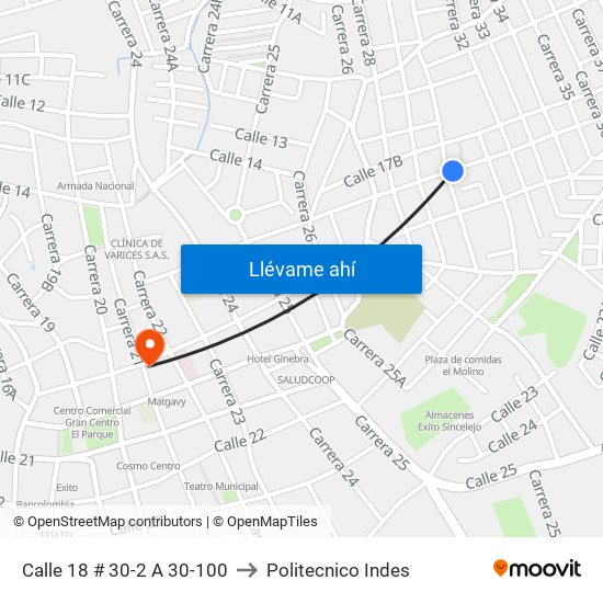 Calle 18 # 30-2 A 30-100 to Politecnico Indes map