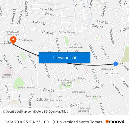 Calle 20 # 25-2 A 25-100 to Universidad Santo Tomas map