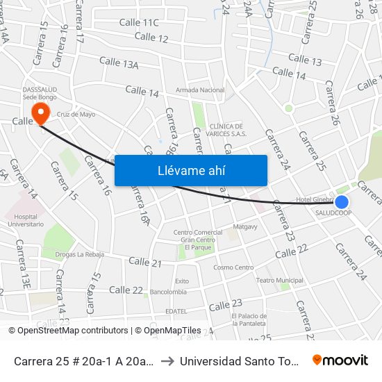 Carrera 25 # 20a-1 A 20a-99 to Universidad Santo Tomas map