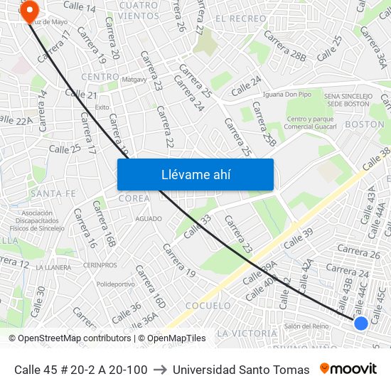 Calle 45 # 20-2 A 20-100 to Universidad Santo Tomas map