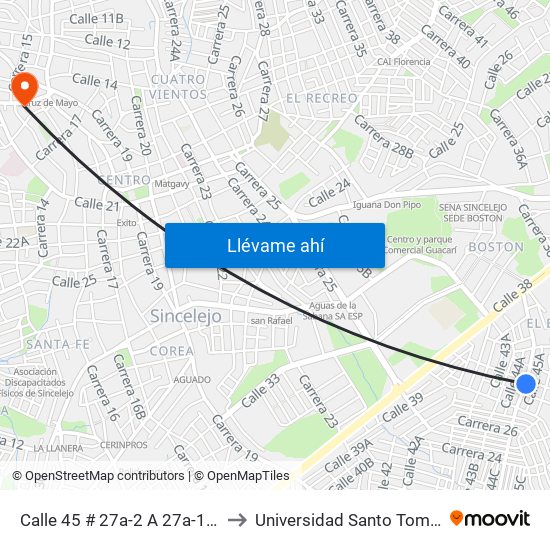 Calle 45 # 27a-2 A 27a-100 to Universidad Santo Tomas map