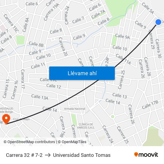 Carrera 32 # 7-2 to Universidad Santo Tomas map