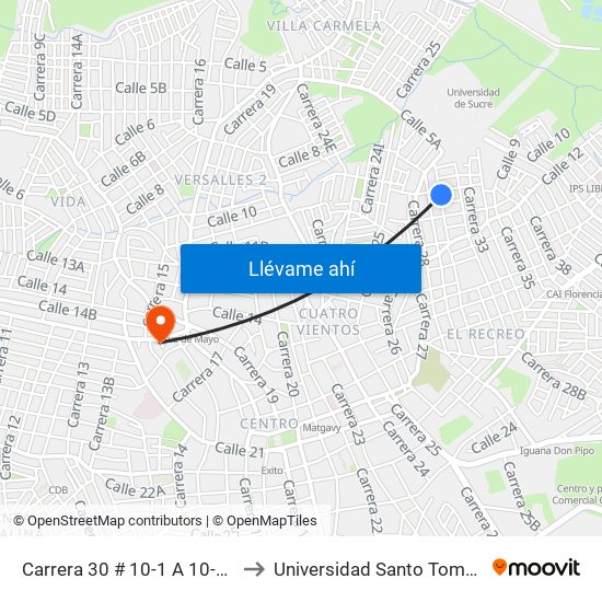 Carrera 30 # 10-1 A 10-99 to Universidad Santo Tomas map