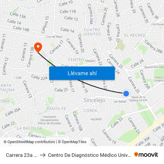 Carrera 23a # 27-1 A 27-99 to Centro De Diagnóstico Médico Universidad De Sucre Sede Puerta Blanca map