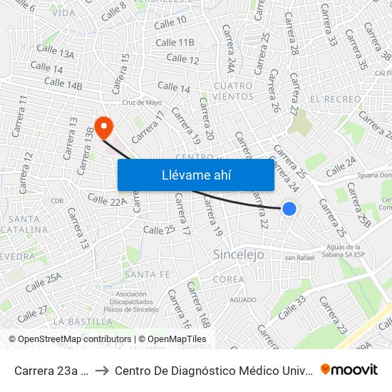 Carrera 23a # 25-1 A 25-99 to Centro De Diagnóstico Médico Universidad De Sucre Sede Puerta Blanca map