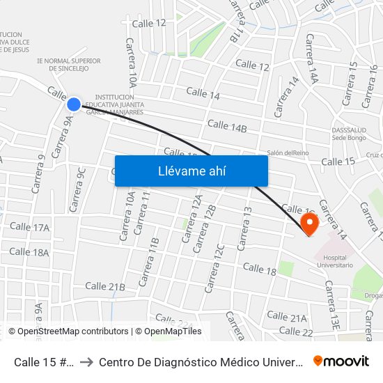 Calle 15 # 9-1 A 9-99 to Centro De Diagnóstico Médico Universidad De Sucre Sede Puerta Blanca map