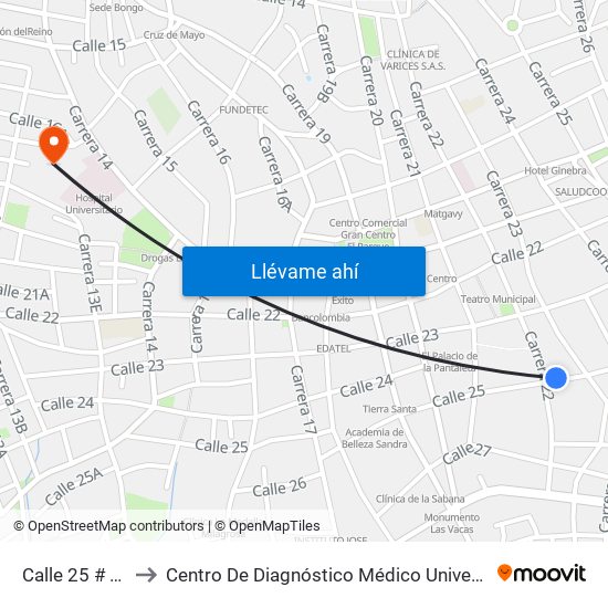 Calle 25 # 22-1 A 22-99 to Centro De Diagnóstico Médico Universidad De Sucre Sede Puerta Blanca map