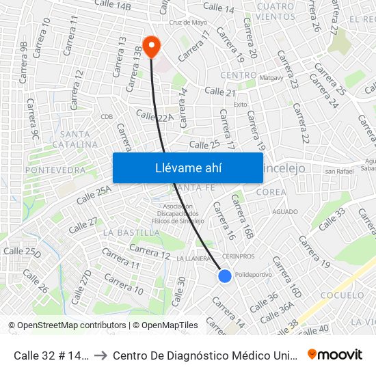 Calle 32 # 14b-36 A 14b-100 to Centro De Diagnóstico Médico Universidad De Sucre Sede Puerta Blanca map