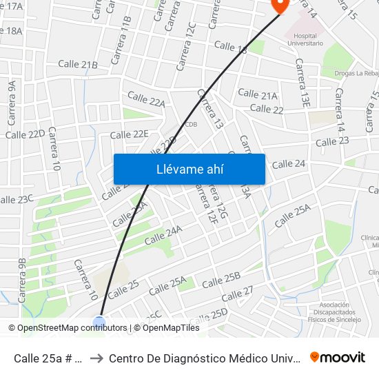 Calle 25a # 10-2 A 10-100 to Centro De Diagnóstico Médico Universidad De Sucre Sede Puerta Blanca map