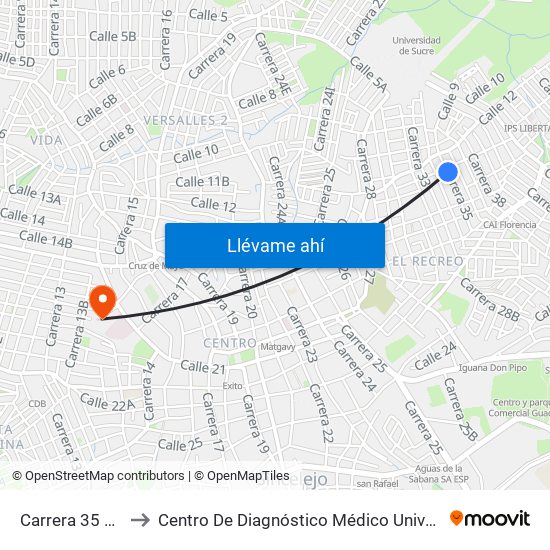 Carrera 35 # 13-1 A 13-99 to Centro De Diagnóstico Médico Universidad De Sucre Sede Puerta Blanca map