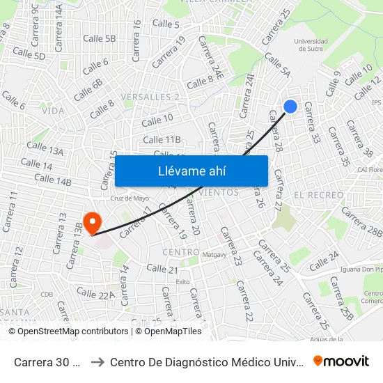 Carrera 30 # 10-1 A 10-99 to Centro De Diagnóstico Médico Universidad De Sucre Sede Puerta Blanca map