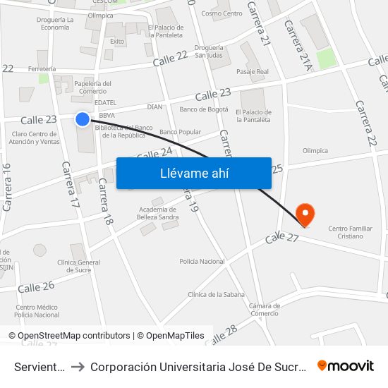 Servientrega to Corporación Universitaria José De Sucre - Corposucre map