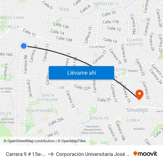 Carrera 9 # 15e-2 A 15e-100 to Corporación Universitaria José De Sucre - Corposucre map