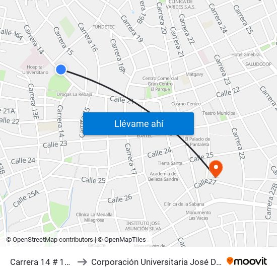 Carrera 14 # 17-1 A 17-99 to Corporación Universitaria José De Sucre - Corposucre map