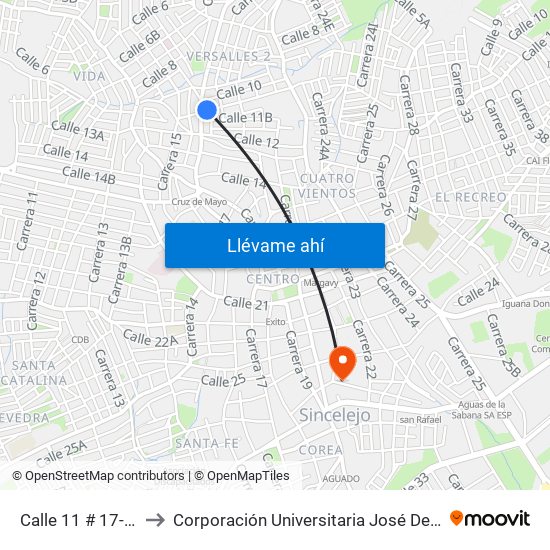 Calle 11 # 17-1 A 17-99 to Corporación Universitaria José De Sucre - Corposucre map